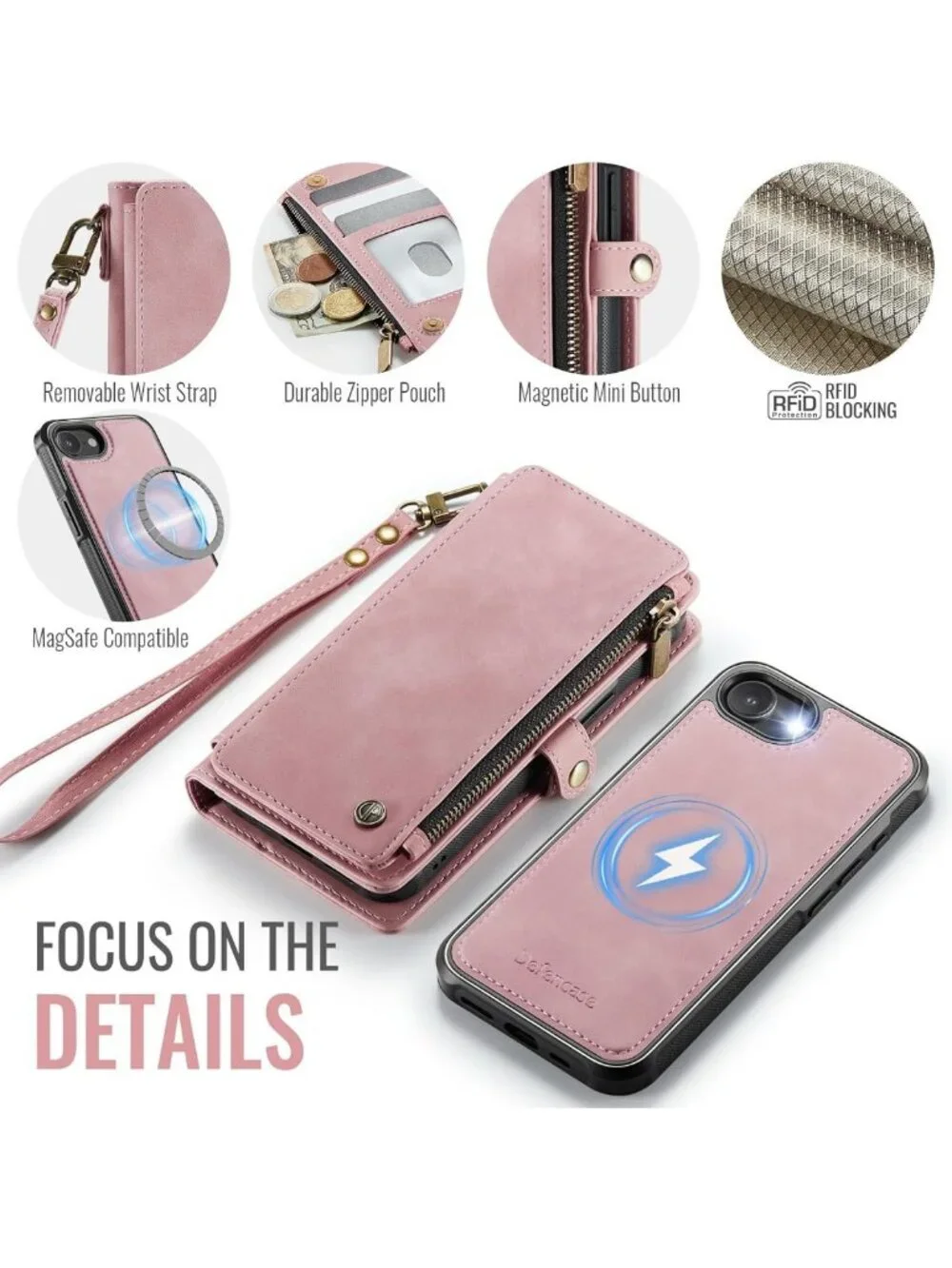 Stylish Rose Pink Wallet Case for iPhone 17e/16e, MagSafe Compatible, Slim